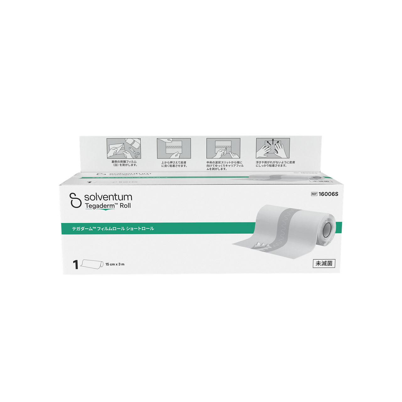Solventum™ Tegaderm™ Transparent Film Roll, 16006S, Short Roll, 15 cm x 3 m, 1/CAR, 8 CAR/CS, 8/CS - Front, Center, In Packaging (1C1)