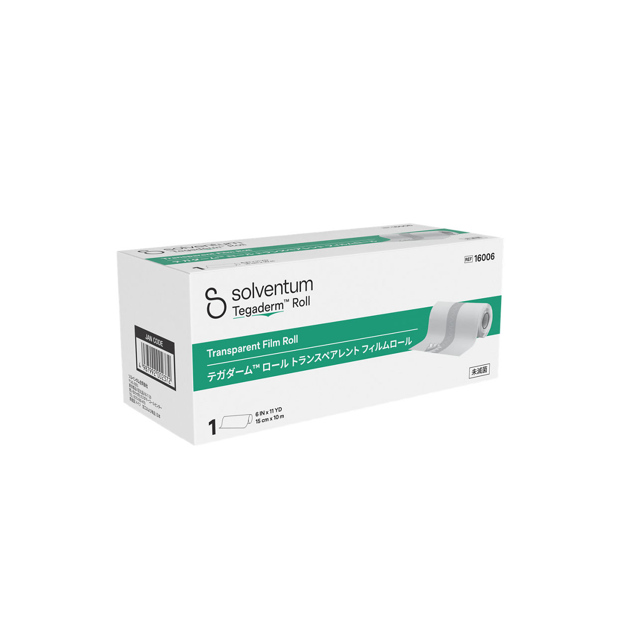 Solventum™ Tegaderm™ Roll Transparent Film Roll, 16006, 15 cm x 10 m, 1/CAR, 4 CAR/CS, 4/CS - Front, Left, In Packaging (1L1)
