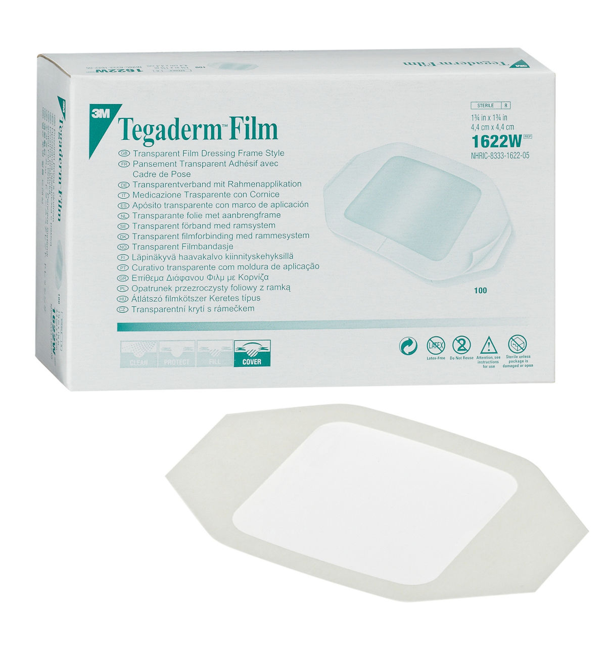 3M™ Tegaderm™ Apósito con lámina transparente 1622W, 4,4 x 4,4 cm, 100 unidades/caja, 4 cajas/embalaje.