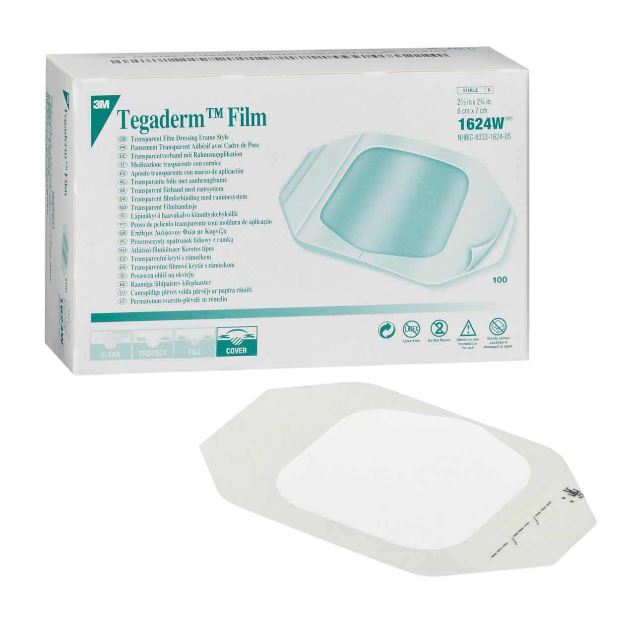 3M™ Tegaderm™ Film 1624W Apósito de lámina transparente con marco de aplicación 6 x 7cm, 100 BOLSA/CAJA 4 CAJA/EMB