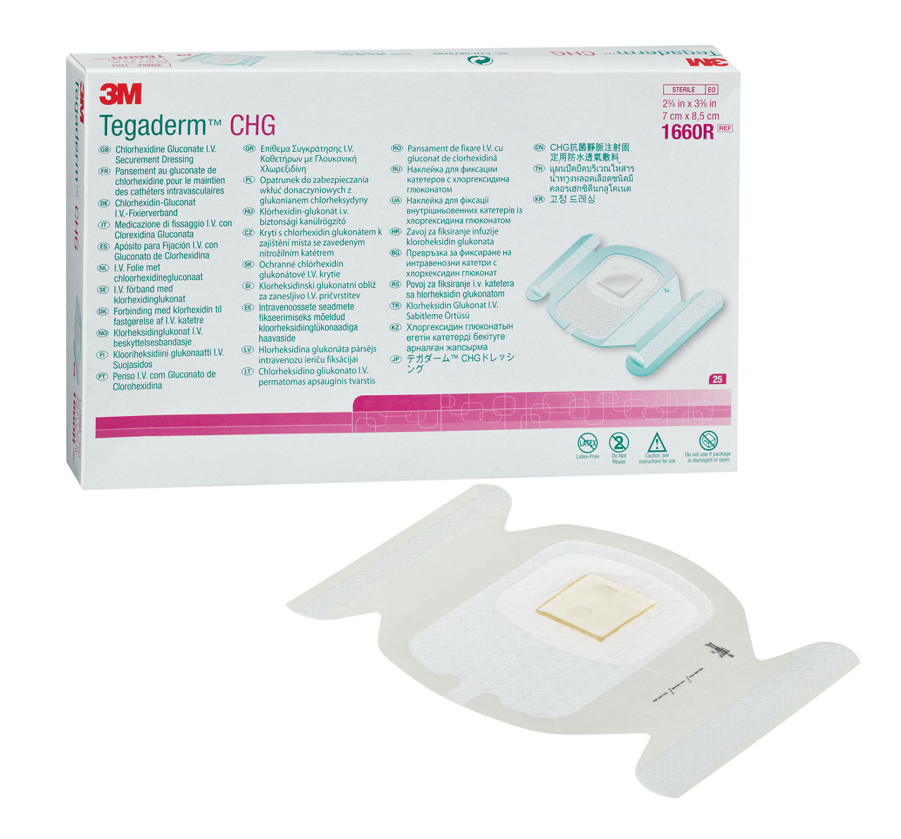 3M™ Tegaderm™ CHG intravenöst fixeringsförband, 1660R, 7 cm x 8,5 cm, 25 enheter/fp, 4 fp/lev fp