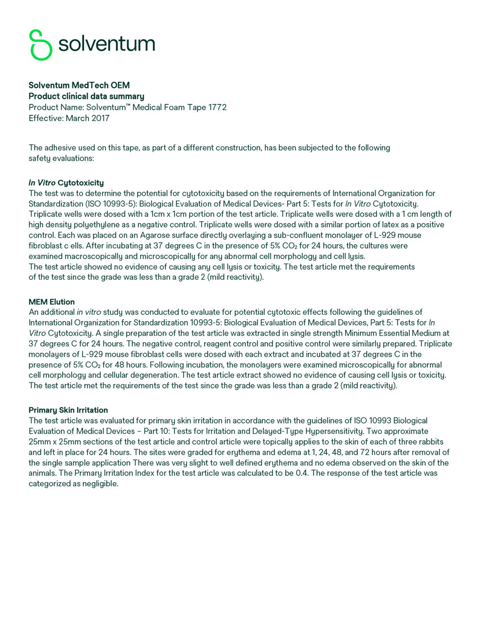 Solventum™ Medical Foam Tape 1772, Biocompatibility Summary