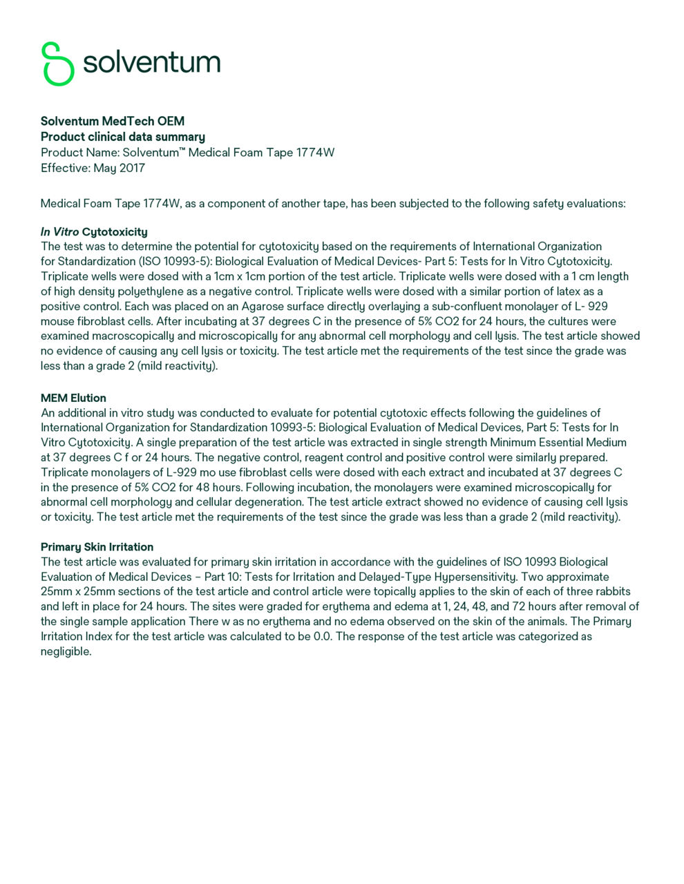 Solventum™ Medical Foam Tape 1774W, Biocompatibility Summary