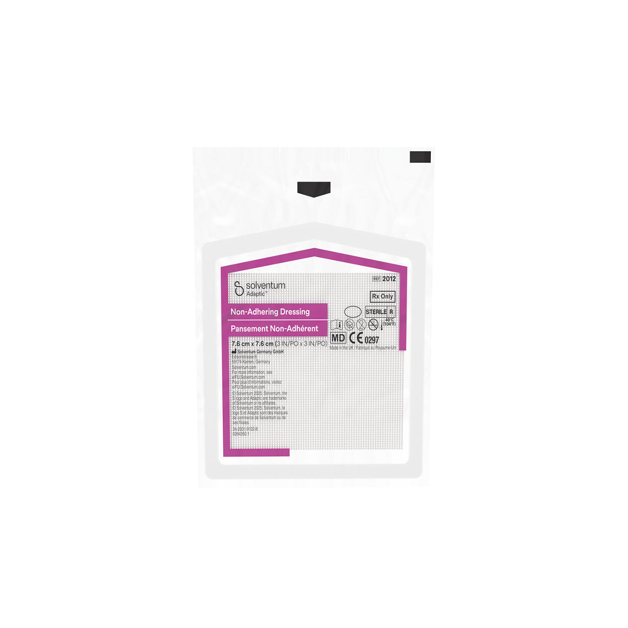 Solventum™ Adaptic™ Non-adhering Dressing, 2012, 3 in x 3 in (7.6 cm x 7.6 cm), 50/CAR, 12 CAR/CS, 600/CS - Front, Center, Out of Packaging (1C0)