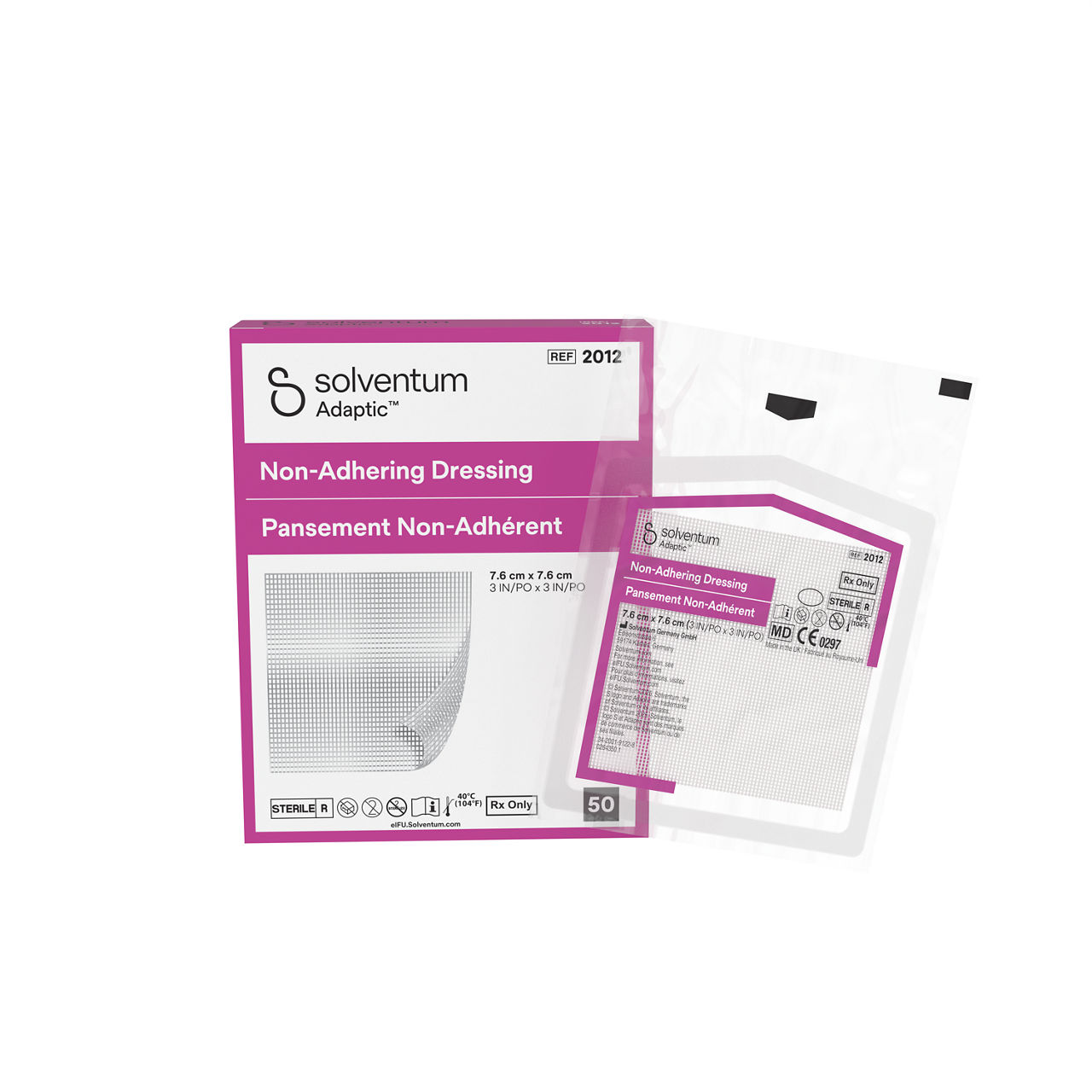 Solventum™ Adaptic™ Penso não aderente, 2012, 7,6 cm x 7,6 cm (3 in x 3 in), 50/CAR