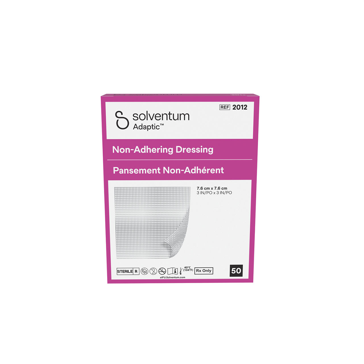 Solventum™ Adaptic™ Non-adhering Dressing, 2012, 3 in x 3 in (7.6 cm x 7.6 cm), 50/CAR, 12 CAR/CS, 600/CS - Front, Center, In Packaging (1C1)