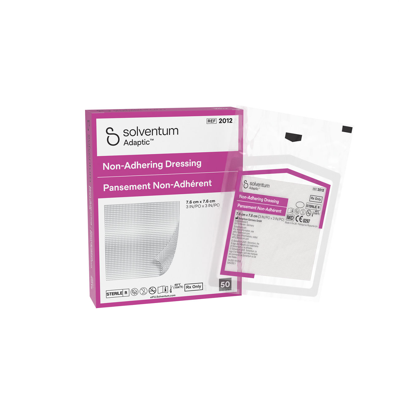 Solventum™ Adaptic™ Non-adhering Dressing, 2012, 3 in x 3 in (7.6 cm x 7.6 cm), 50/CAR, 12 CAR/CS, 600/CS - Front, Left, In and Out of Packaging (1L10)