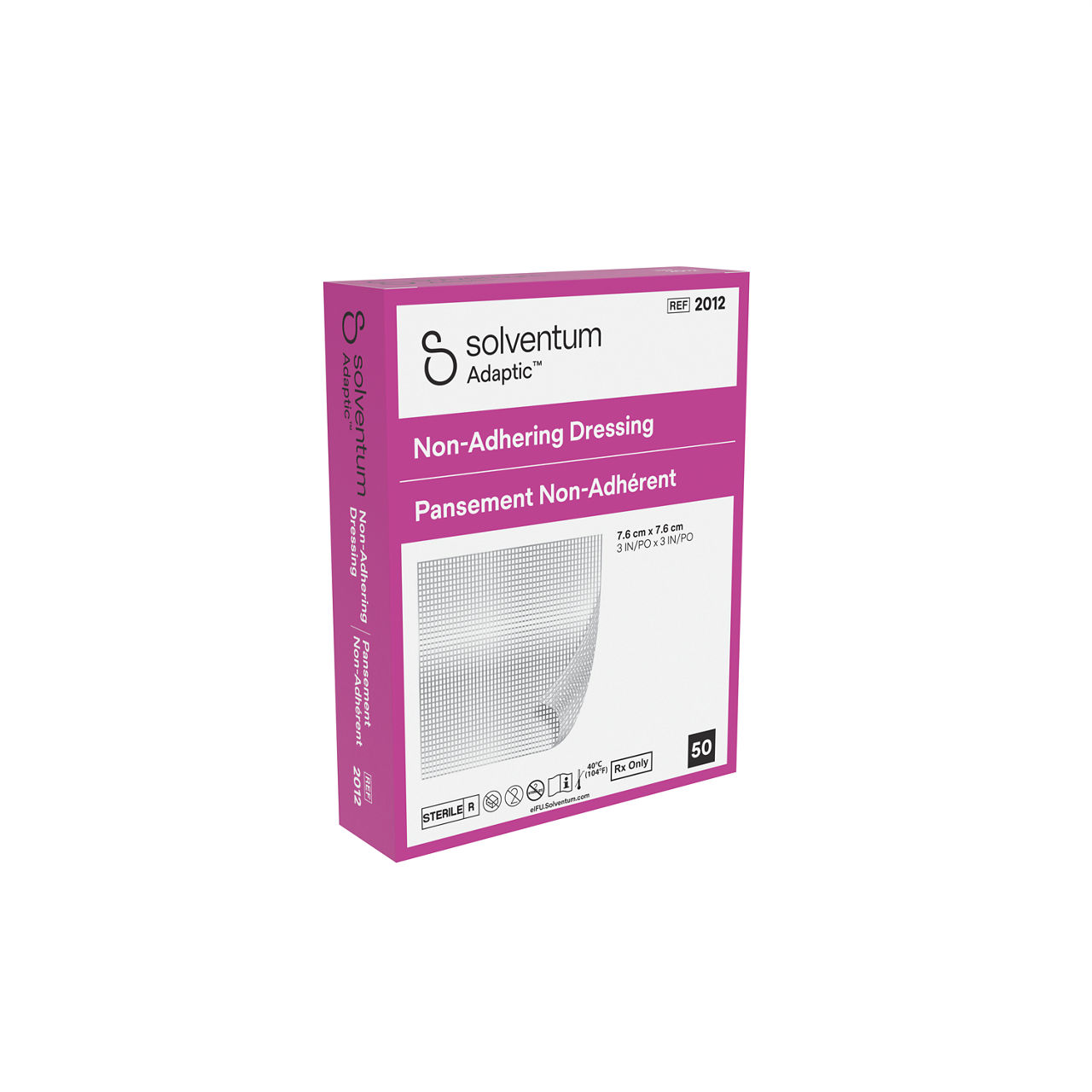 Solventum™ Adaptic™ Non-adhering Dressing, 2012, 3 in x 3 in (7.6 cm x 7.6 cm), 50/CAR, 12 CAR/CS, 600/CS - Front, Left, In Packaging (1L1)