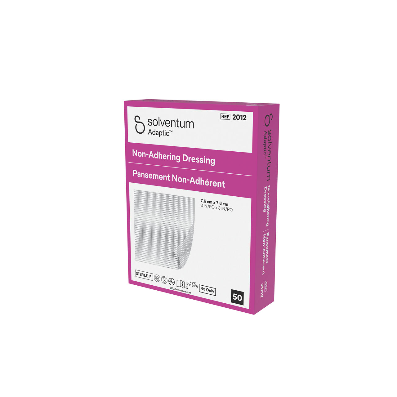 Solventum™ Adaptic™ Non-adhering Dressing, 2012, 3 in x 3 in (7.6 cm x 7.6 cm), 50/CAR, 12 CAR/CS, 600/CS - Front, Right, In Packaging (1R1)
