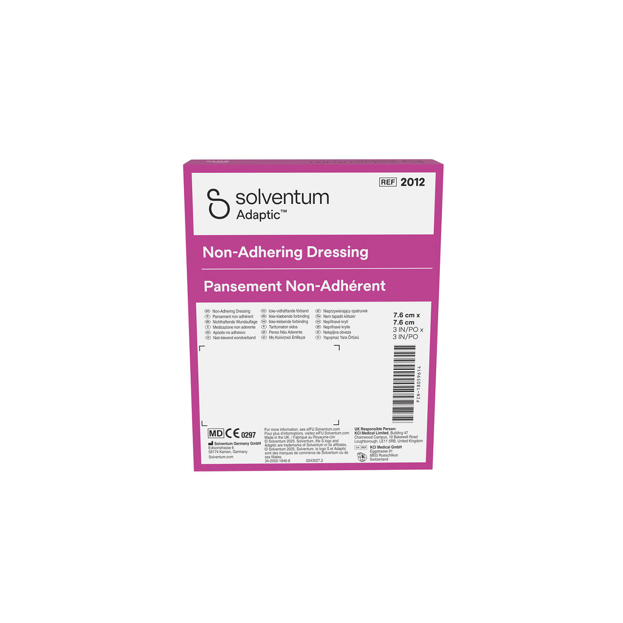 Solventum™ Adaptic™ Non-adhering Dressing, 2012, 3 in x 3 in (7.6 cm x 7.6 cm), 50/CAR, 12 CAR/CS, 600/CS - Back, Center, In Packaging (7C1)
