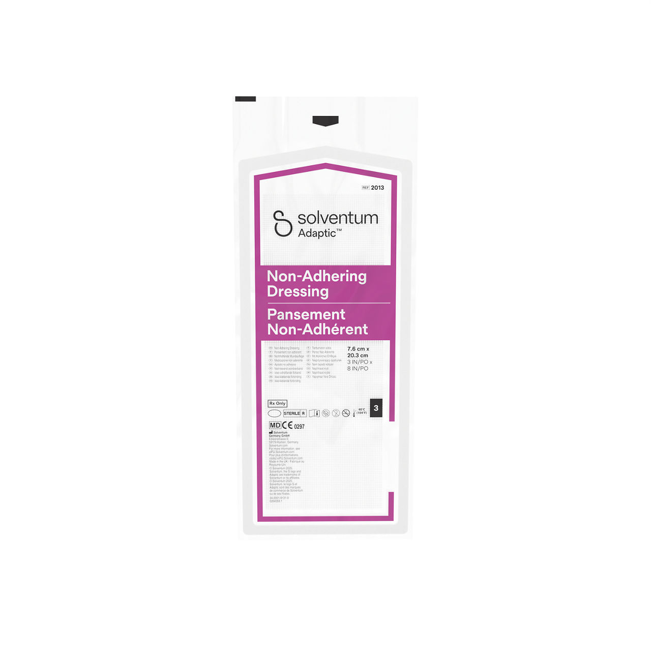 Solventum™ Adaptic™ Non-adhering Dressing, 2013, 3 in x 8 in (7.6 cm x 20.3 cm), 3/Pouch, 36 Pouches/CAR, 6 CAR/CS, 648/CS - Front, Center, Out of Packaging (1C0)