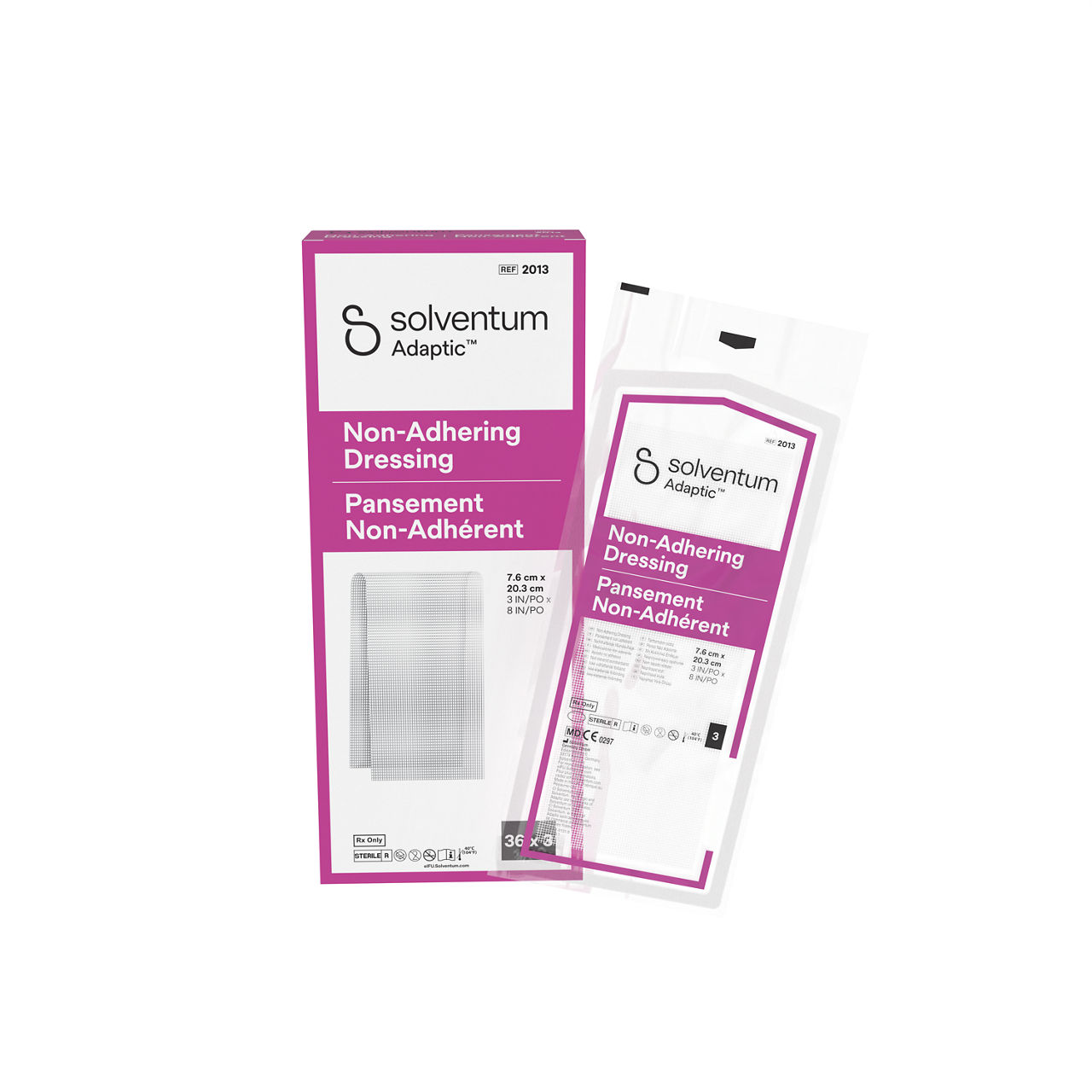 Solventum™ Adaptic™ Non-adhering dressing, 2013, 7,6 cm x 20,3 cm (3 in x 8 in), 3 EA, 36/CAR