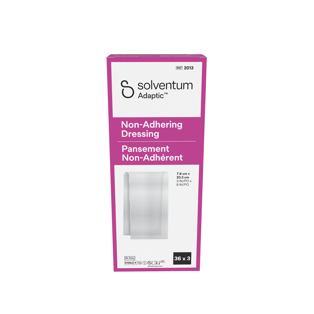 Solventum™ Adaptic™ Non-adhering Dressing, 2013, 3 in x 8 in (7.6 cm x 20.3 cm), 3/Pouch, 36 Pouches/CAR, 6 CAR/CS, 648/CS - Front, Center, In Packaging (1C1)