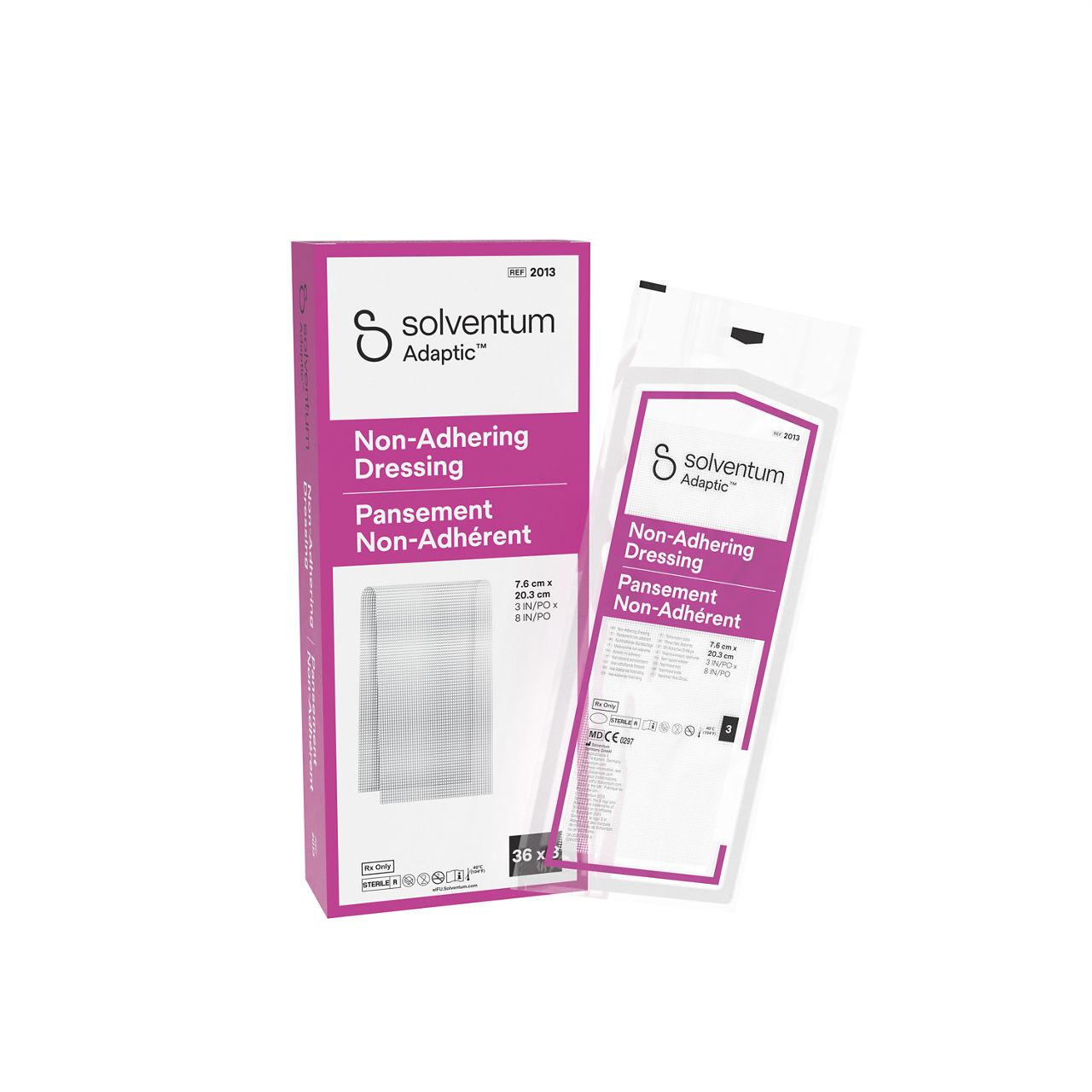 Solventum™ Adaptic™ Non-adhering Dressing, 2013, 3 in x 8 in (7.6 cm x 20.3 cm), 3/Pouch, 36 Pouches/CAR, 6 CAR/CS, 648/CS - Front, Left, In and Out of Packaging (1L10)