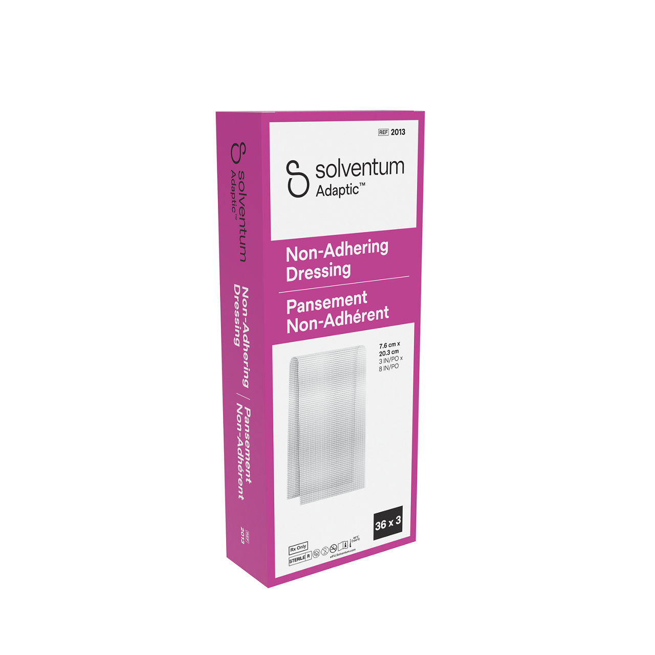 Solventum™ Adaptic™ Non-adhering Dressing, 2013, 3 in x 8 in (7.6 cm x 20.3 cm), 3/Pouch, 36 Pouches/CAR, 6 CAR/CS, 648/CS - Front, Left, In Packaging (1L1)