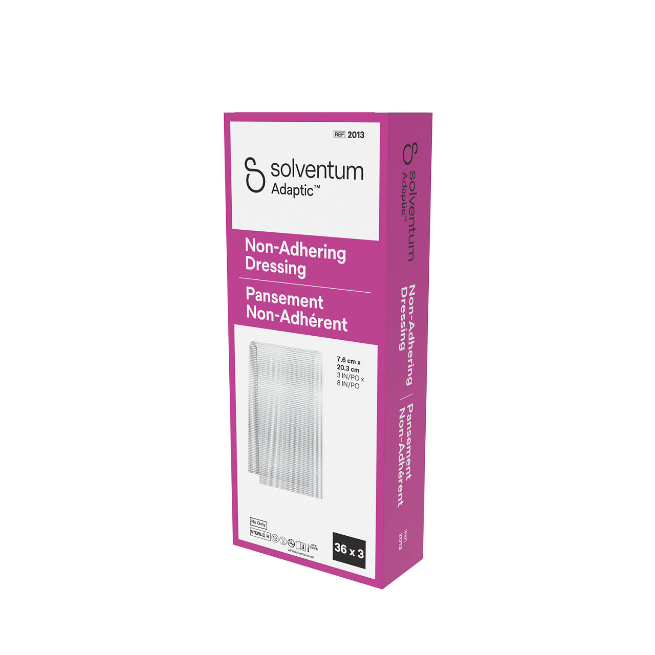 Solventum™ Adaptic™ Non-adhering Dressing, 2013, 3 in x 8 in (7.6 cm x 20.3 cm), 3/Pouch, 36 Pouches/CAR, 6 CAR/CS, 648/CS - Front, Right, In Packaging (1R1)