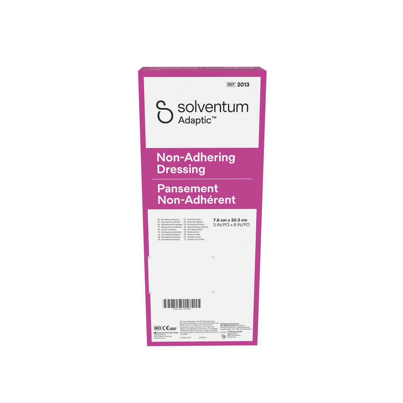 Solventum™ Adaptic™ Non-adhering Dressing, 2013, 3 in x 8 in (7.6 cm x 20.3 cm), 3/Pouch, 36 Pouches/CAR, 6 CAR/CS, 648/CS - Back, Center, In Packaging (7C1)