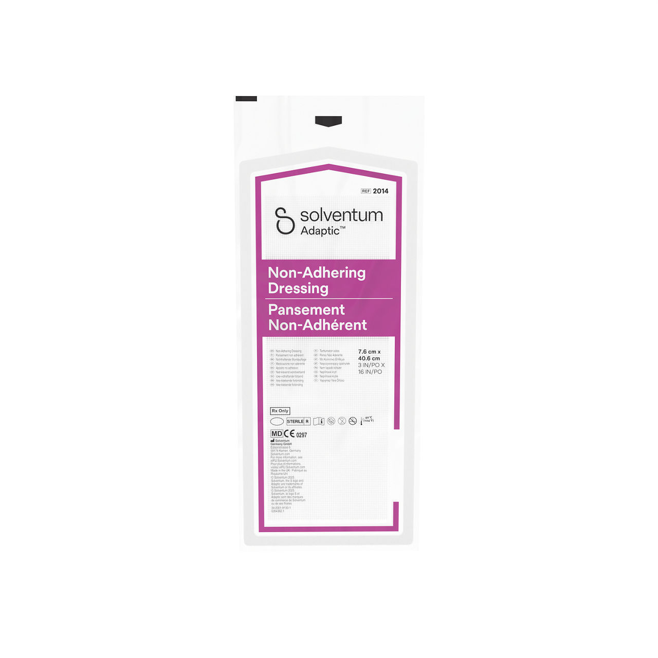 Solventum™ Adaptic™ Non-adhering Dressing, 2014, 3 in x 16 in (7.6 cm x 40.6 cm), 36/CAR, 6 CAR/CS, 216/CS - Front, Center, Out of Packaging (1C0)