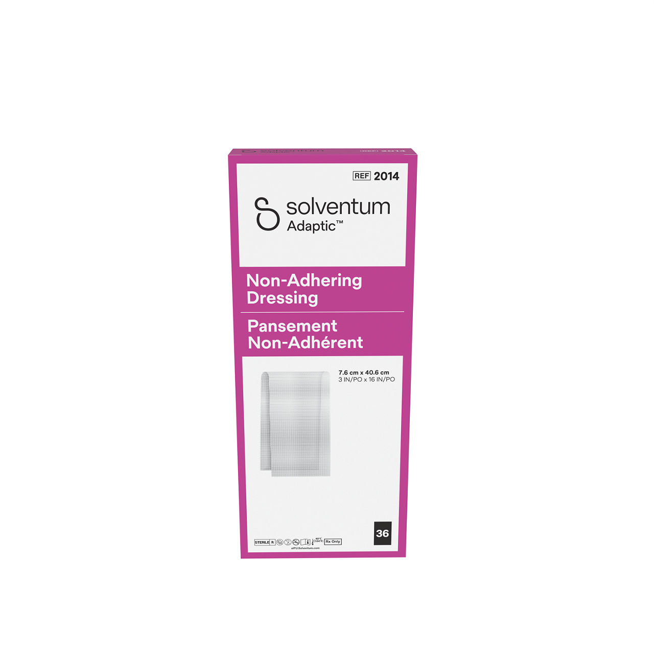 Solventum™ Adaptic™ Non-adhering Dressing, 2014, 3 in x 16 in (7.6 cm x 40.6 cm), 36/CAR, 6 CAR/CS, 216/CS - Front, Center, In Packaging (1C1)