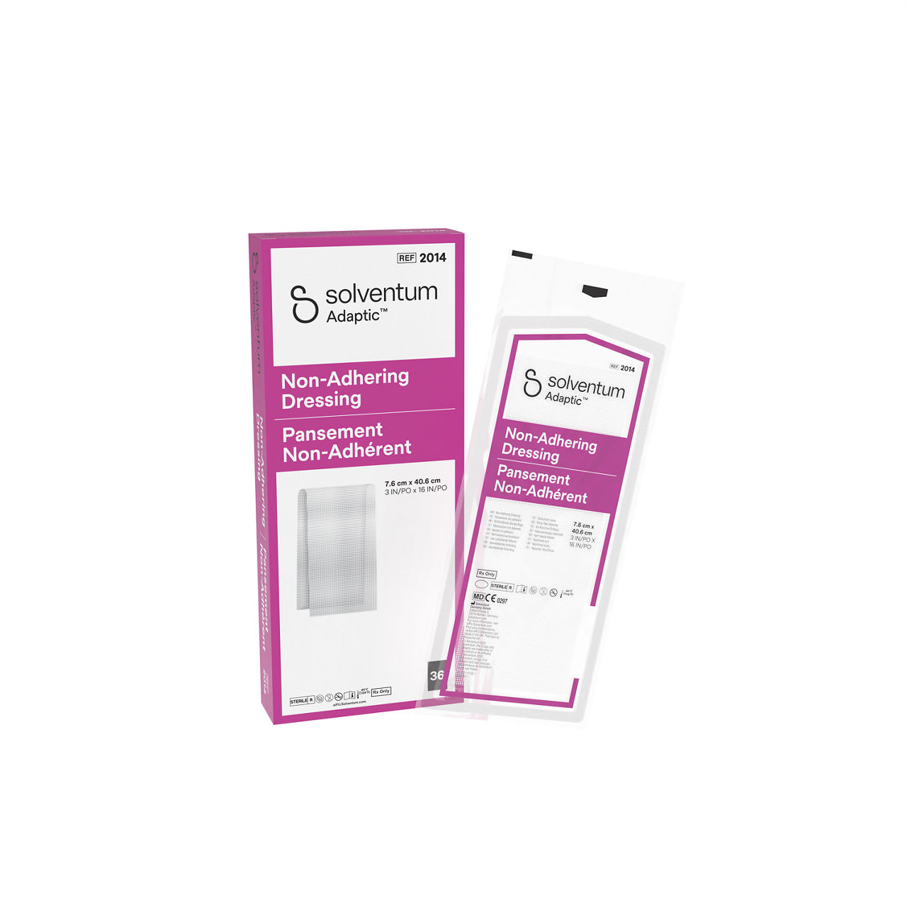 Solventum™ Adaptic™ Non-adhering Dressing, 2014, 3 in x 16 in (7.6 cm x 40.6 cm), 36/CAR, 6 CAR/CS, 216/CS - Front, Left, In and Out of Packaging (1L10)