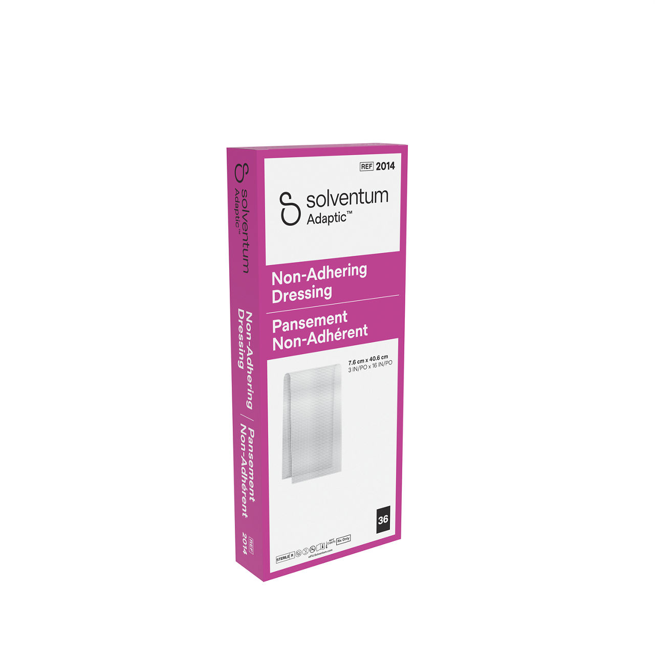Solventum™ Adaptic™ Non-adhering Dressing, 2014, 3 in x 16 in (7.6 cm x 40.6 cm), 36/CAR, 6 CAR/CS, 216/CS - Front, Left, In Packaging (1L1)