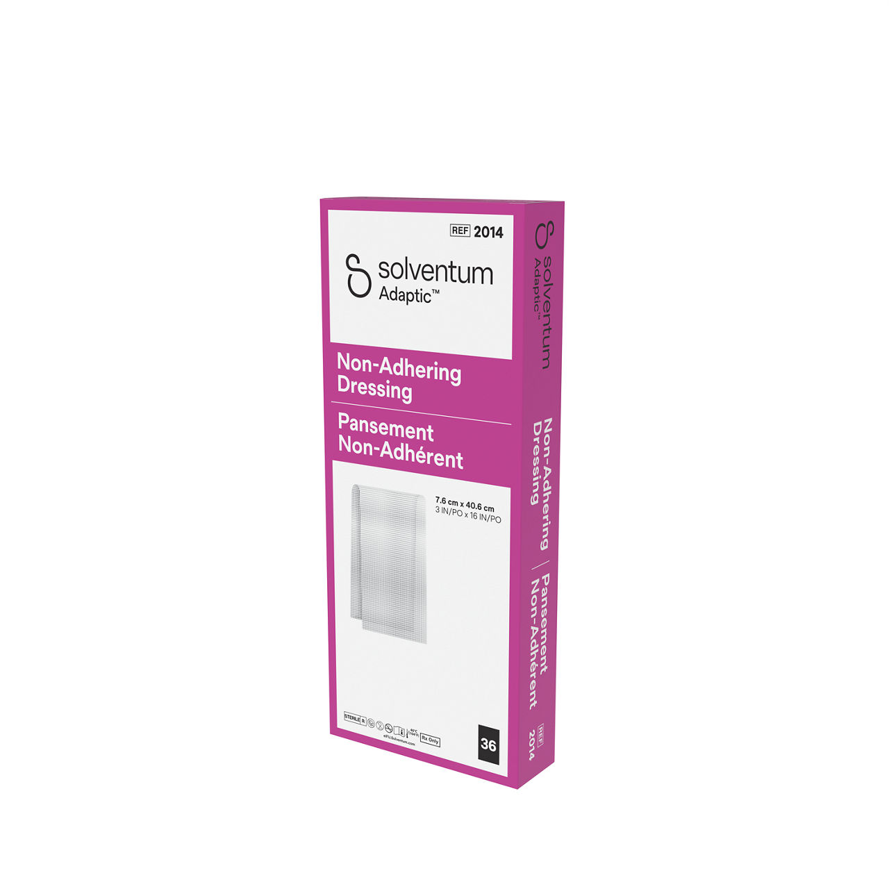 Solventum™ Adaptic™ Non-adhering Dressing, 2014, 3 in x 16 in (7.6 cm x 40.6 cm), 36/CAR, 6 CAR/CS, 216/CS - Front, Right, In Packaging (1R1)