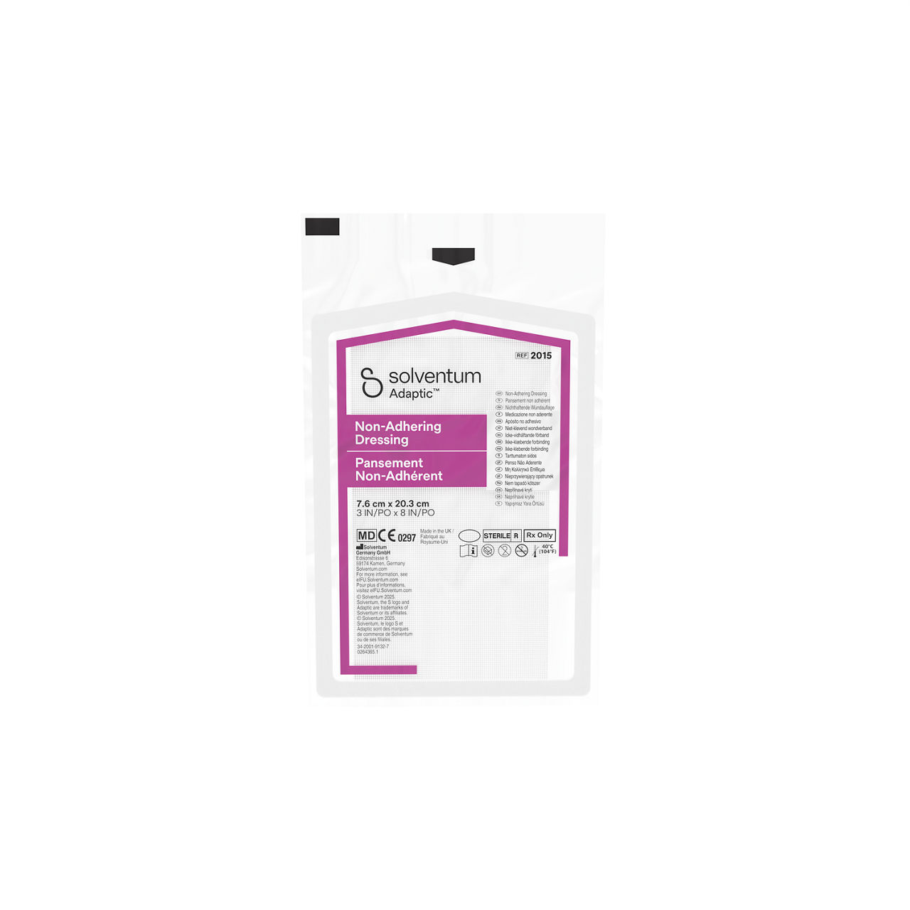Solventum™ Adaptic™ Non-adhering Dressing, 2015, 3 in x 8 in (7.6 cm x 20.3 cm), 24/CAR, 6 CAR/CS, 144/CS - Front, Center, Out of Packaging (1C0)