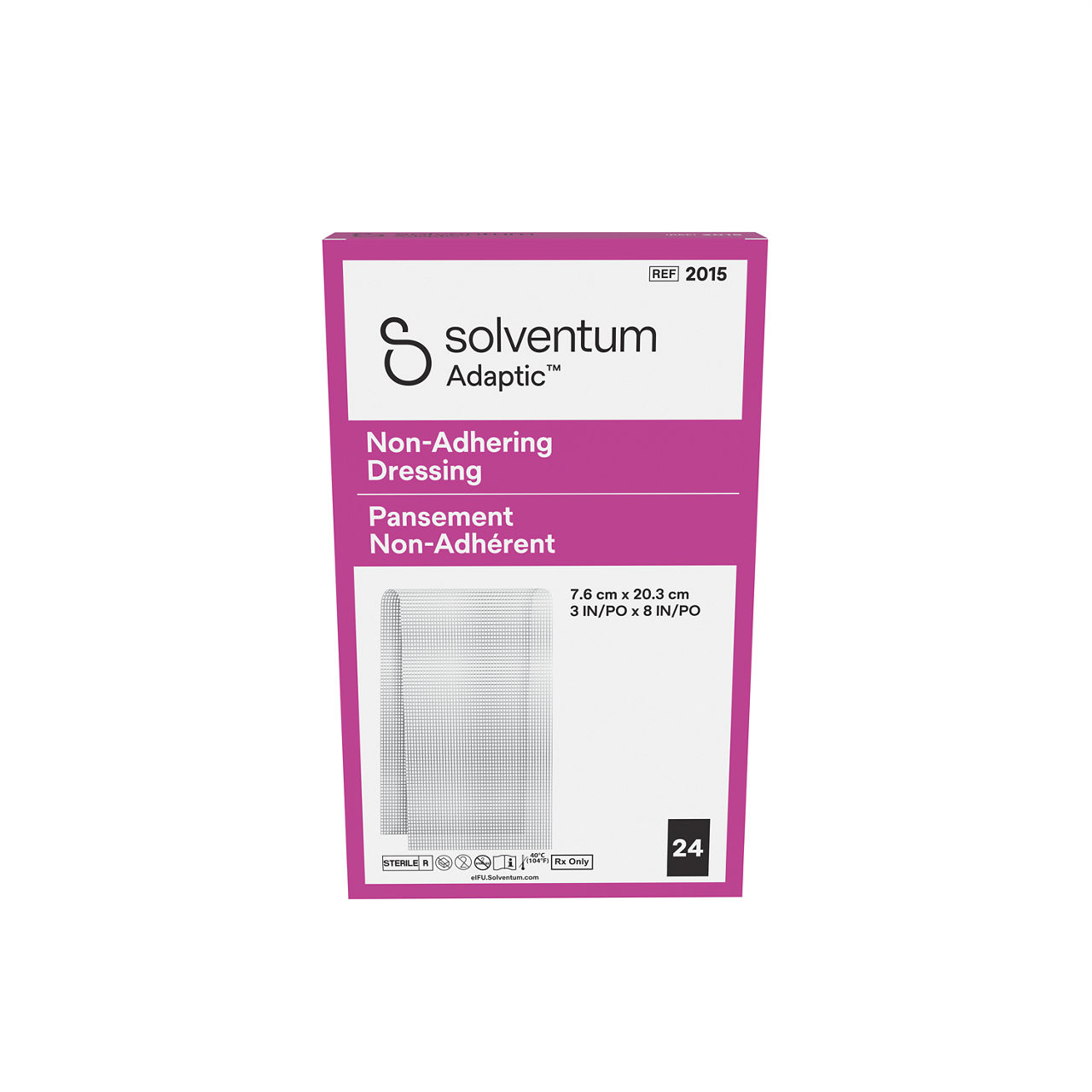 Solventum™ Adaptic™ Non-adhering Dressing, 2015, 3 in x 8 in (7.6 cm x 20.3 cm), 24/CAR, 6 CAR/CS, 144/CS - Front, Center, In Packaging (1C1)