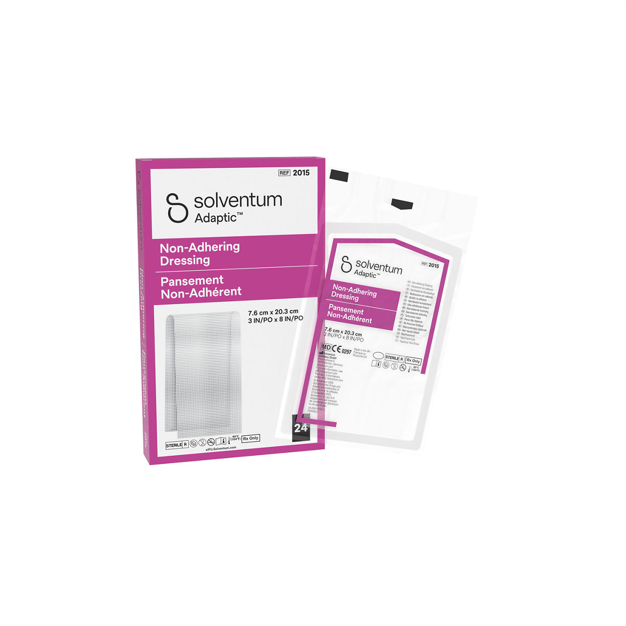 Solventum™ Adaptic™ Non-adhering Dressing, 2015, 3 in x 8 in (7.6 cm x 20.3 cm), 24/CAR, 6 CAR/CS, 144/CS - Front, Left, In and Out of Packaging (1L10)
