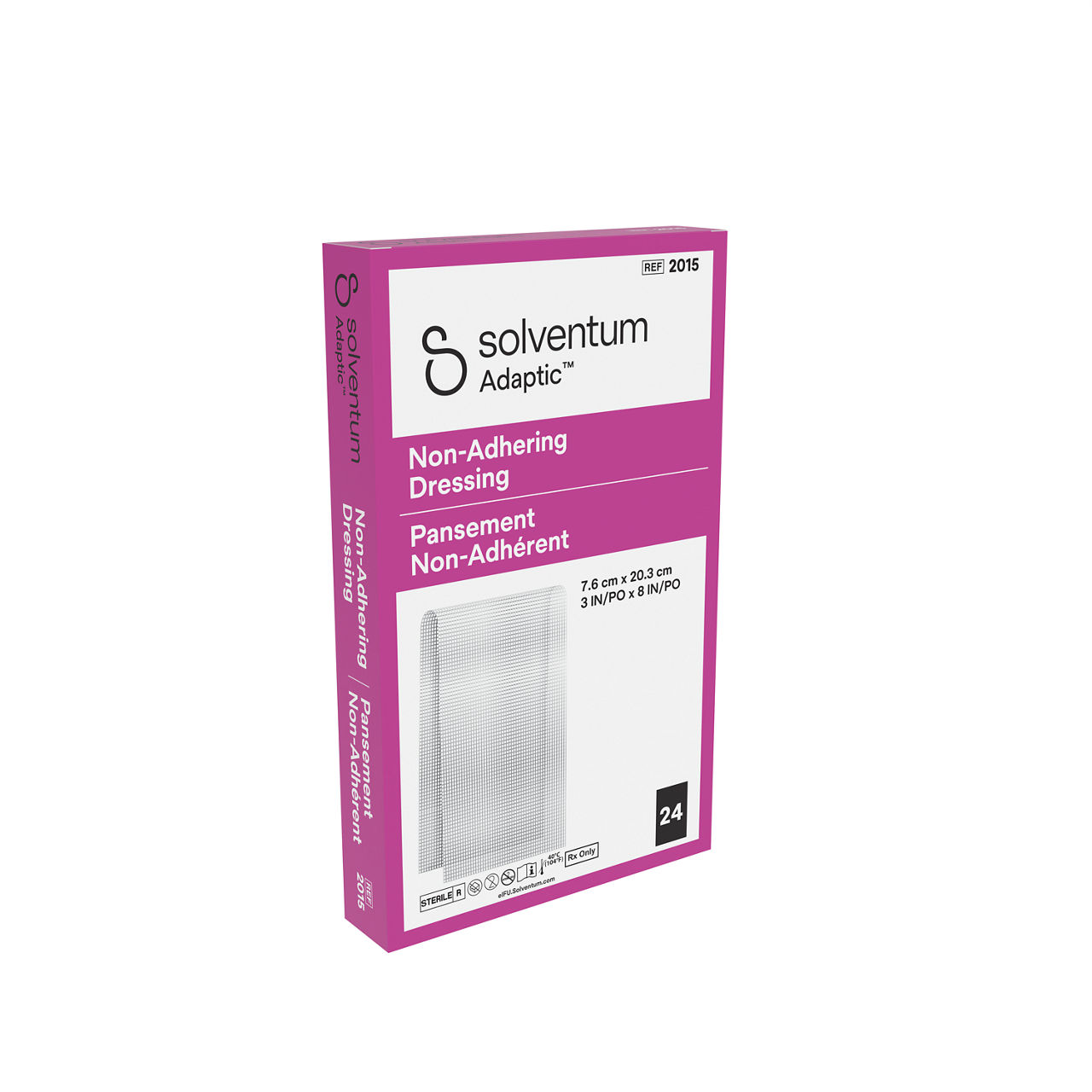 Solventum™ Adaptic™ Non-adhering Dressing, 2015, 3 in x 8 in (7.6 cm x 20.3 cm), 24/CAR, 6 CAR/CS, 144/CS - Front, Left, In Packaging (1L1)
