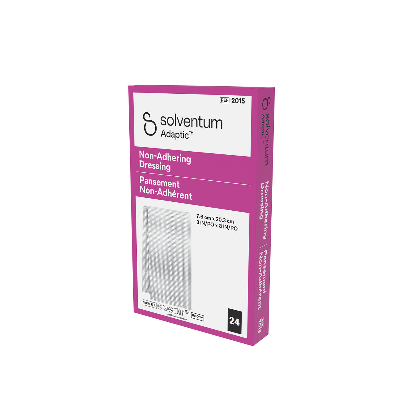 Solventum™ Adaptic™ Non-adhering Dressing, 2015, 3 in x 8 in (7.6 cm x 20.3 cm), 24/CAR, 6 CAR/CS, 144/CS - Front, Right, In Packaging (1R1)