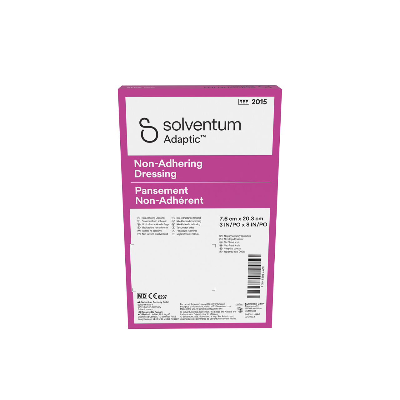 Solventum™ Adaptic™ Non-adhering Dressing, 2015, 3 in x 8 in (7.6 cm x 20.3 cm), 24/CAR, 6 CAR/CS, 144/CS - Back, Center, In Packaging (7C1)