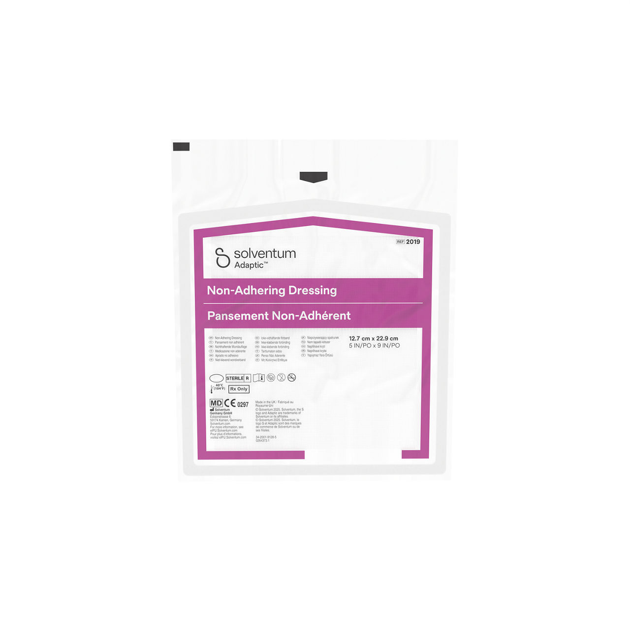 Solventum™ Adaptic™ Non-adhering Dressing, 2019, 5 in x 9 in (12.7 cm x 22.9 cm), 12/CAR, 6 CAR/CS, 72/CS - Front, Center, Out of Packaging (1C0)