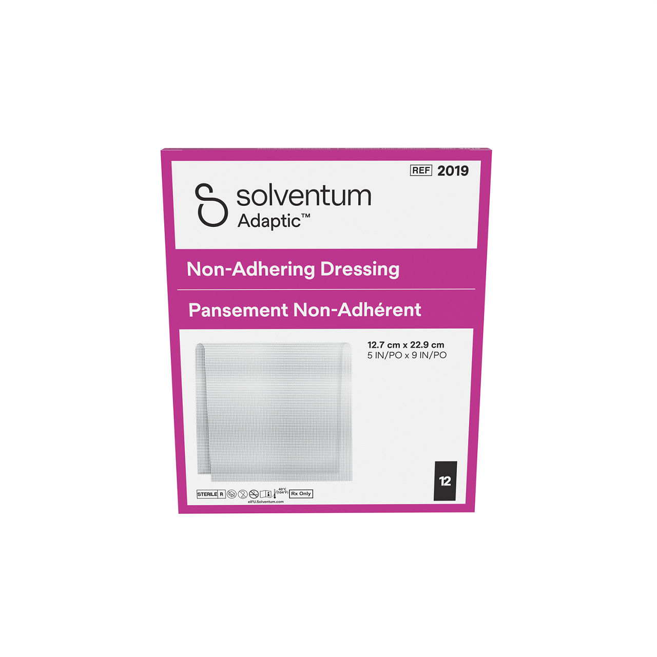 Solventum™ Adaptic™ Non-adhering Dressing, 2019, 5 in x 9 in (12.7 cm x 22.9 cm), 12/CAR, 6 CAR/CS, 72/CS - Front, Center, In Packaging (1C1)