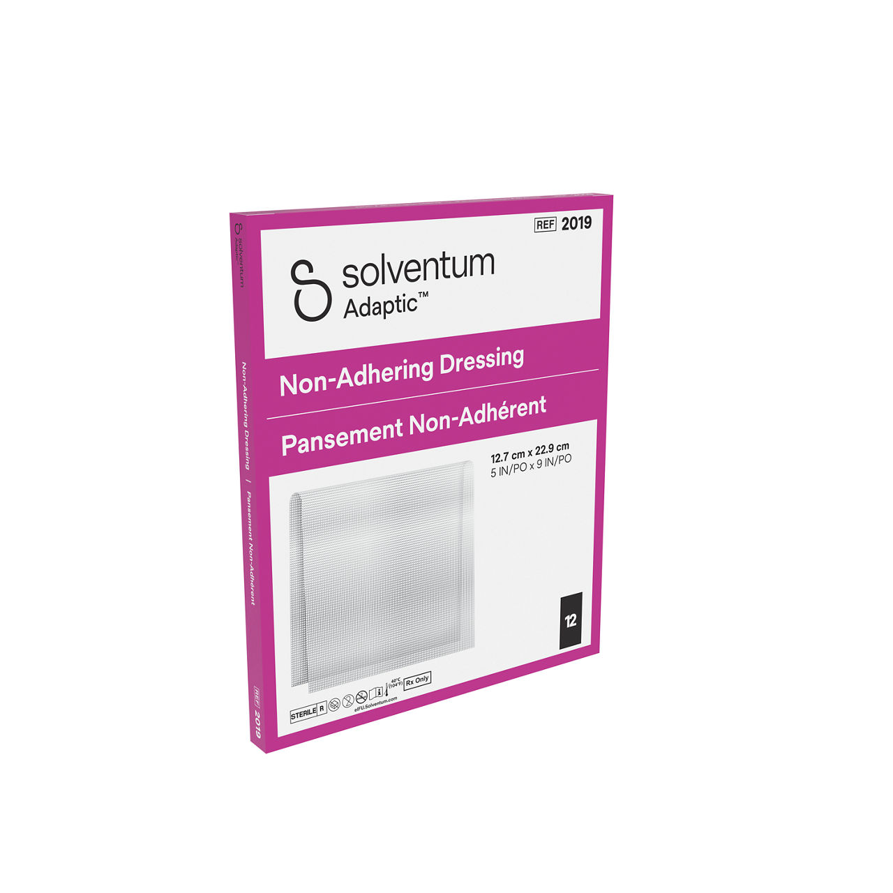 Solventum™ Adaptic™ Non-adhering Dressing, 2019, 5 in x 9 in (12.7 cm x 22.9 cm), 12/CAR, 6 CAR/CS, 72/CS - Front, Left, In Packaging (1L1)