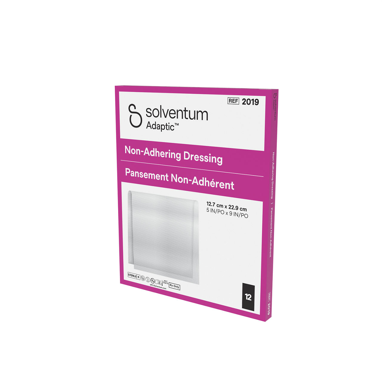Solventum™ Adaptic™ Non-adhering Dressing, 2019, 5 in x 9 in (12.7 cm x 22.9 cm), 12/CAR, 6 CAR/CS, 72/CS - Front, Right, In Packaging (1R1)
