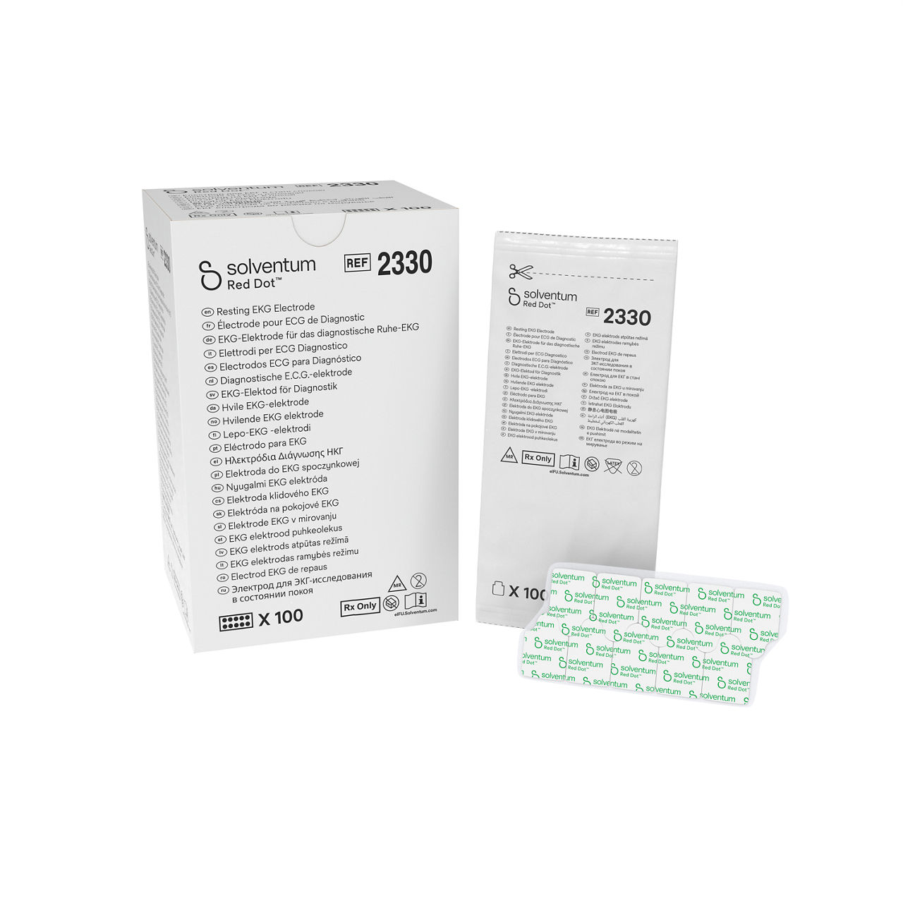 Solventum™ Red Dot™ Resting EKG Electrode, 2330, 10 CARD/BAG, 10BAG/CAR,4 CAR/CS - Front, Center, In and Out of Packaging (1C10)