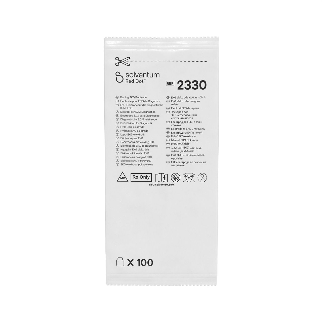 Solventum™ Red Dot™ Resting EKG Electrode, 2360, 0.8 in x 0.8 in (2 cmx2 cm), 10/CARD, 10 CARD/BAG, 40 BAG/CS, 4000/CS - Front, Center, In Packaging (1C1)