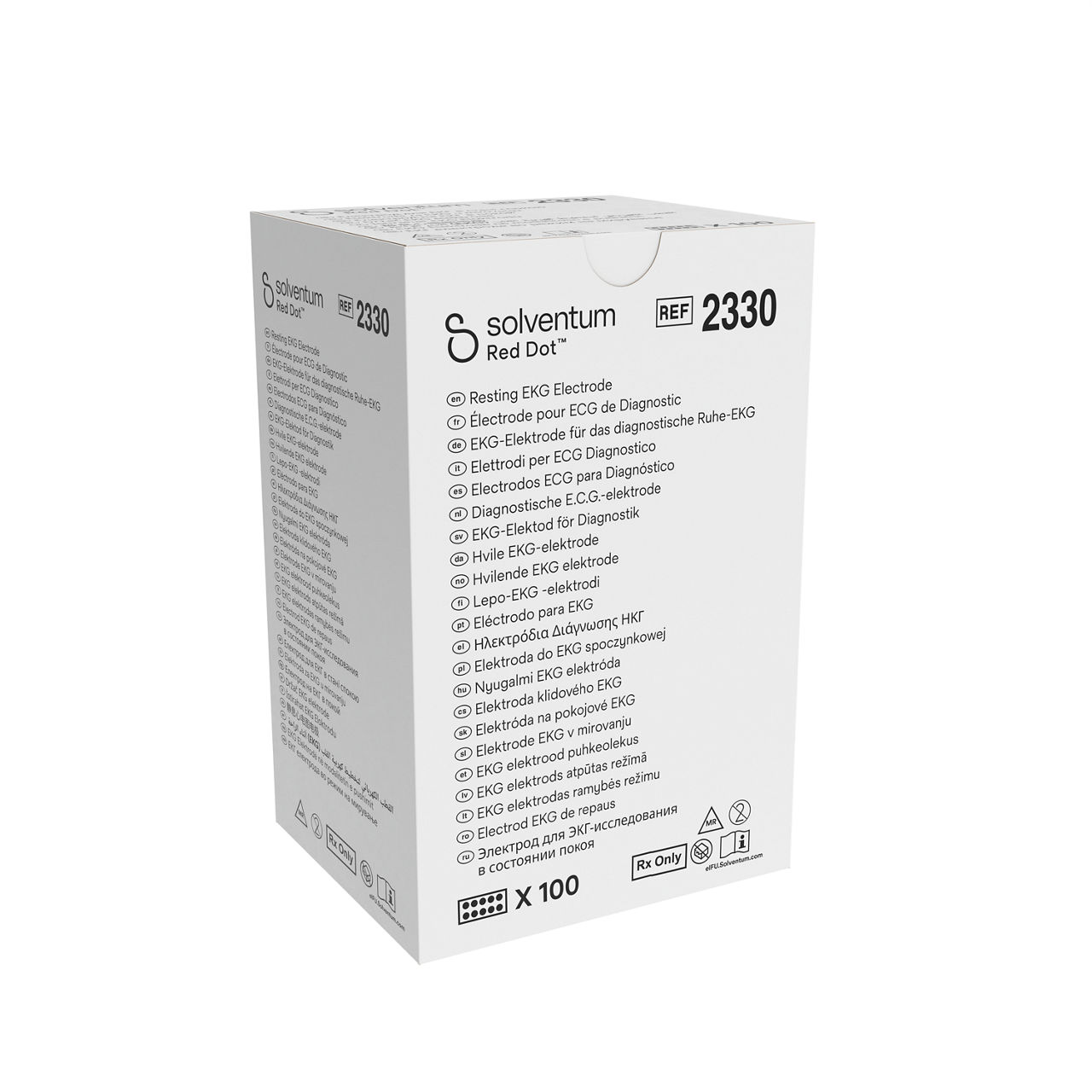 Solventum™ Red Dot™ Resting EKG Electrode, 2360, 0.8 in x 0.8 in (2 cmx2 cm), 10/CARD, 10 CARD/BAG, 40 BAG/CS, 4000/CS - Front, Left, In Packaging (1L1)