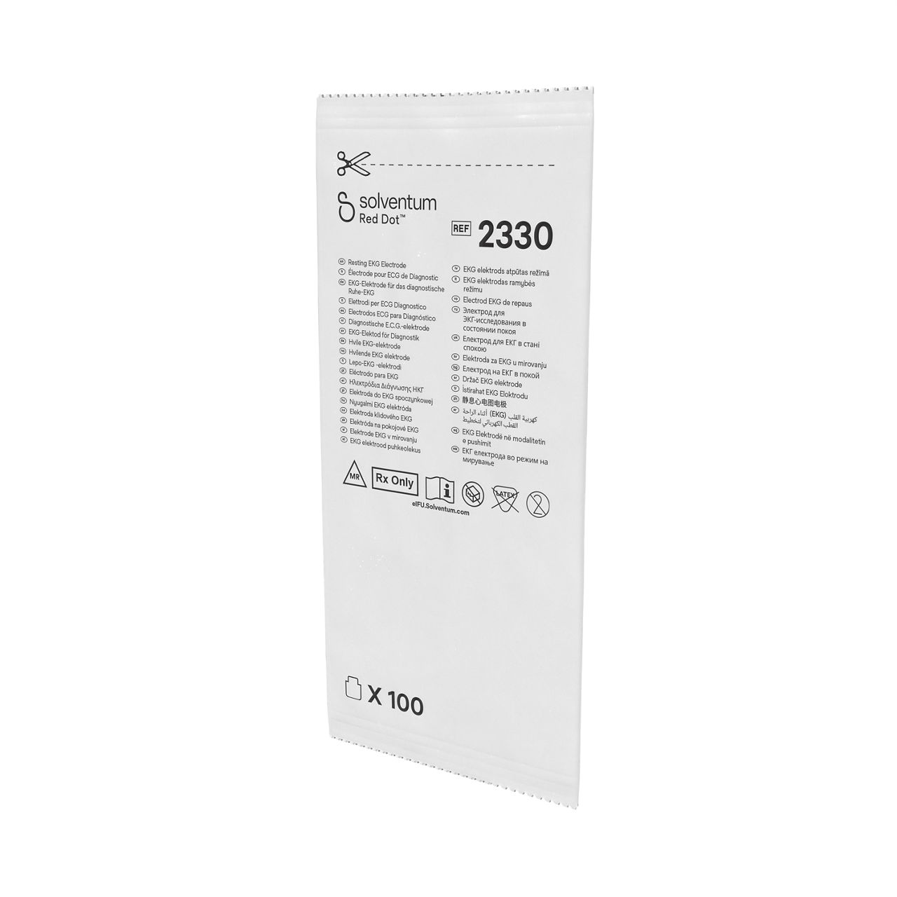 Solventum™ Red Dot™ Resting EKG Electrode, 2360, 0.8 in x 0.8 in (2 cmx2 cm), 10/CARD, 10 CARD/BAG, 40 BAG/CS, 4000/CS - Front, Right, In Packaging (1R1)