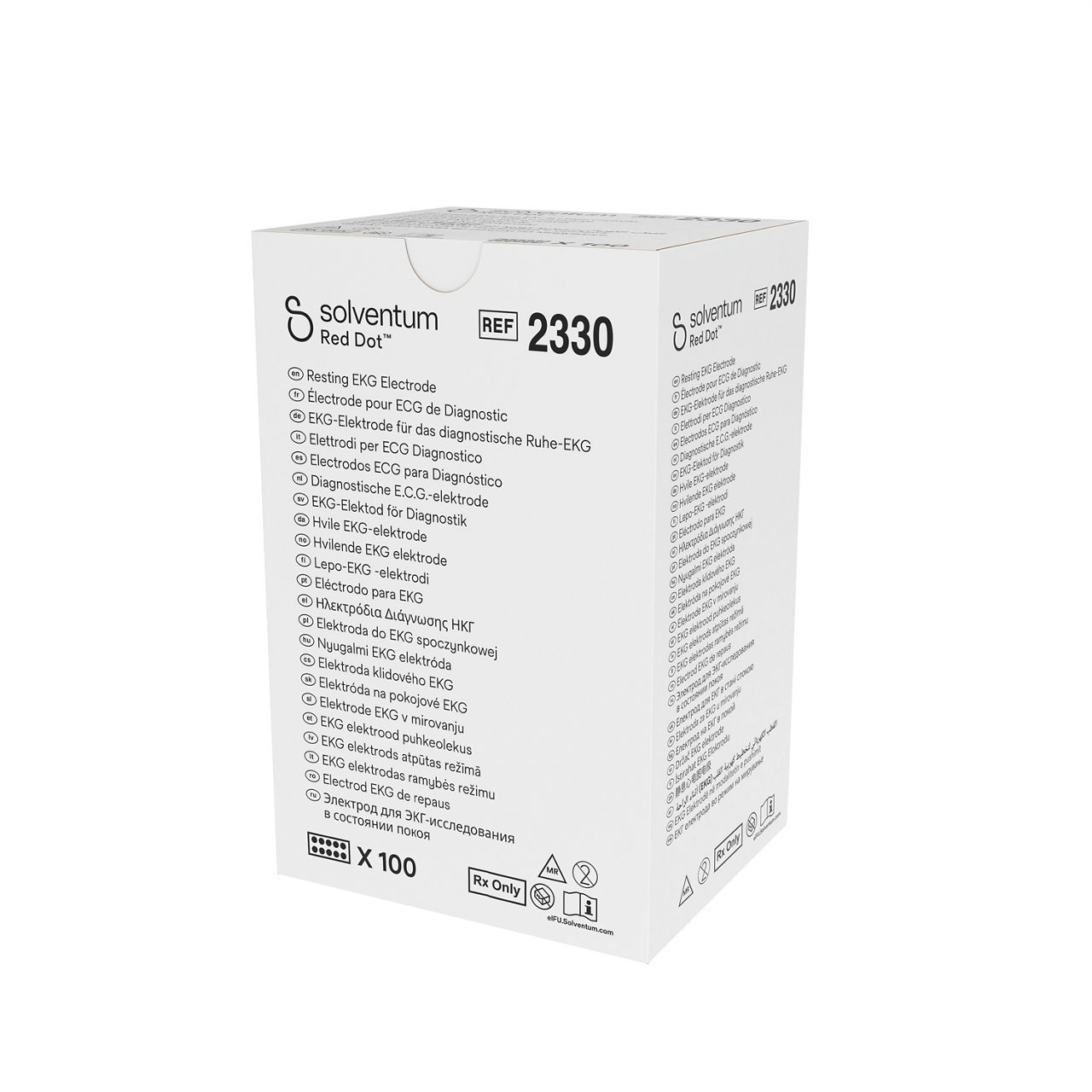 Solventum™ Red Dot™ Resting EKG Electrode, 2360, 0.8 in x 0.8 in (2 cmx2 cm), 10/CARD, 10 CARD/BAG, 40 BAG/CS, 4000/CS - Front, Right, In Packaging (1R1)