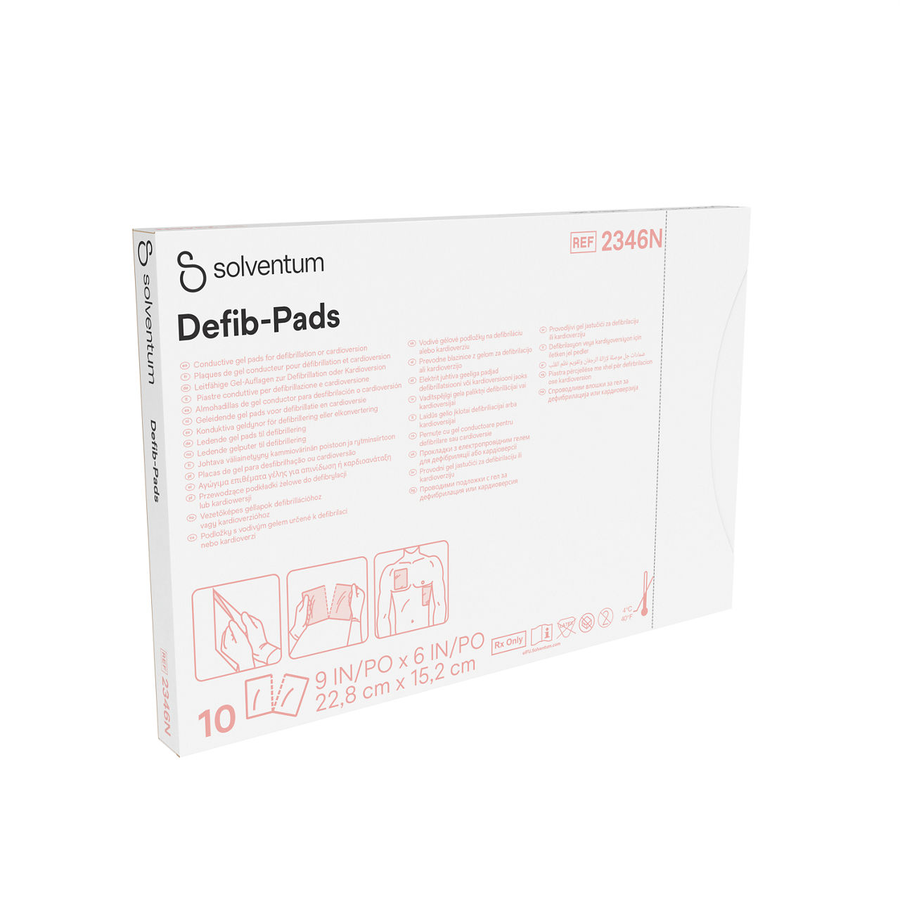 Solventum™ Defibrillator Pads, 2346N, 4.5 in x 6 in (11.4 cm x 15.2 cm), 2/Pair, 10 PAC/CAR, 10 CAR/CS, 100 Pair/CS - Front, Left, In Packaging (1L1)