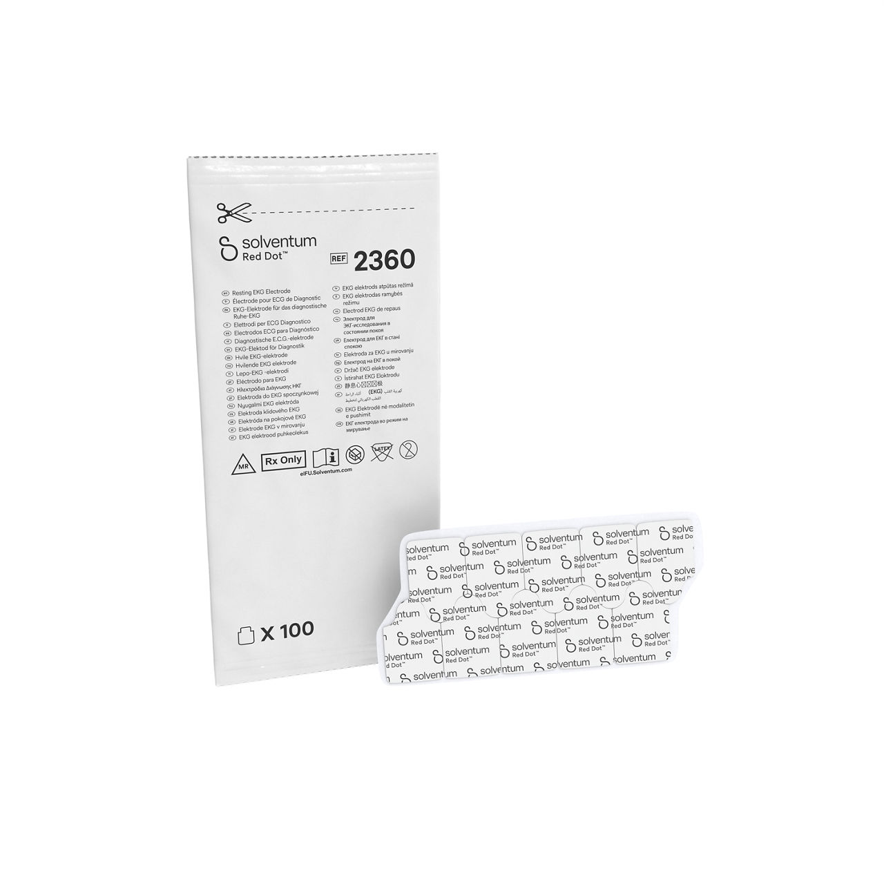 Solventum™ Red Dot™ Resting EKG Electrode, 2360, 0.8 in x 0.8 in (2 cmx2 cm), 10/CARD, 10 CARD/BAG, 40 BAG/CS, 4000/CS - Front, Center, In Packaging (1C1)