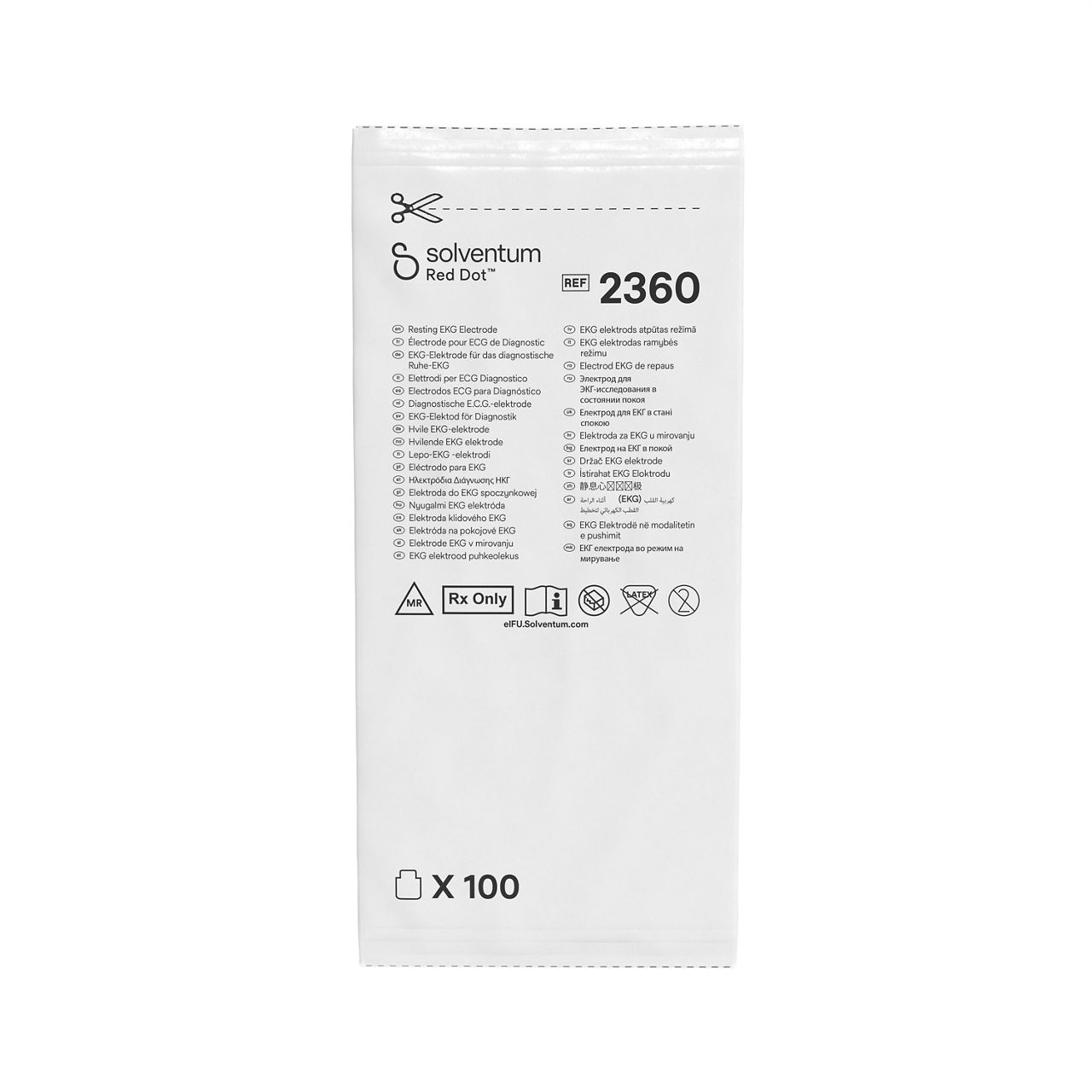 Solventum™ Red Dot™ Resting EKG Electrode, 2360, 0.8 in x 0.8 in (2 cmx2 cm), 10/CARD, 10 CARD/BAG, 40 BAG/CS, 4000/CS - Front, Center, In Packaging (1C1)