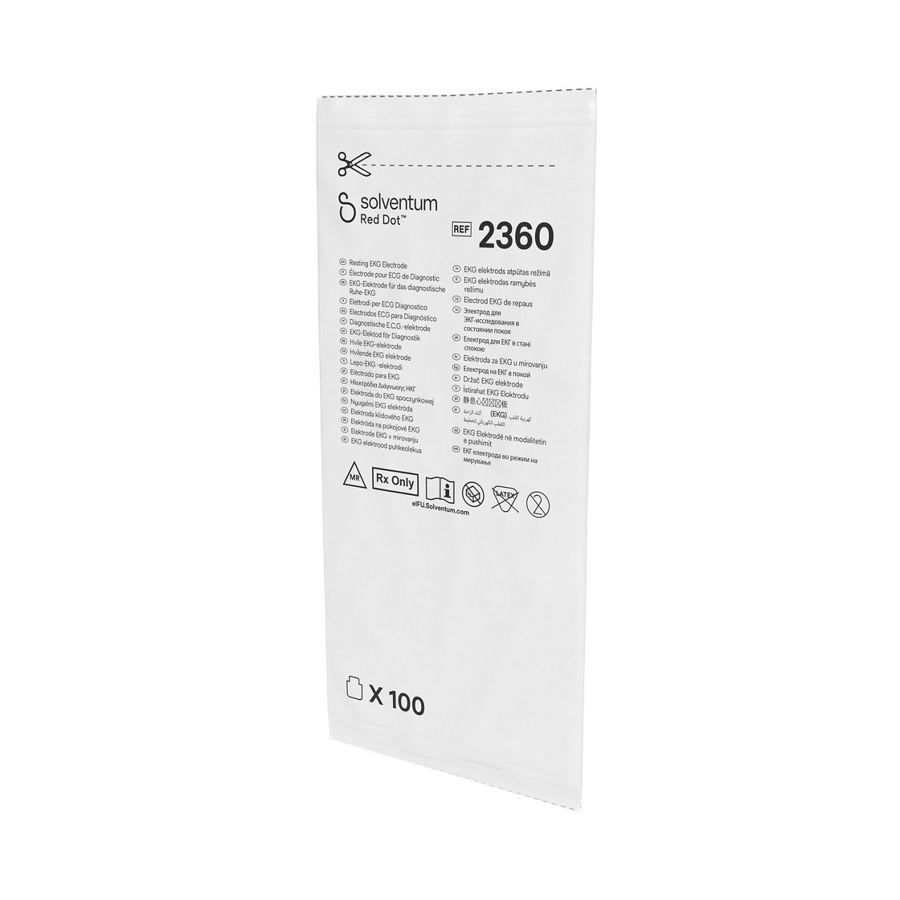 Solventum™ Red Dot™ Resting EKG Electrode, 2360, 0.8 in x 0.8 in (2 cmx2 cm), 10/CARD, 10 CARD/BAG, 40 BAG/CS, 4000/CS - Front, Right, In Packaging (1R1)