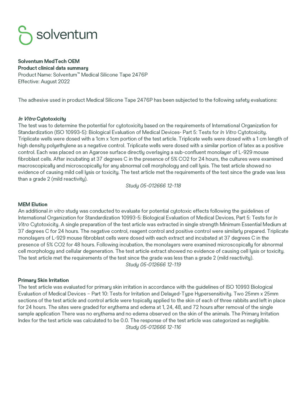 Solventum™ Medical Silicone Tape 2476P, Product clinical data summary
