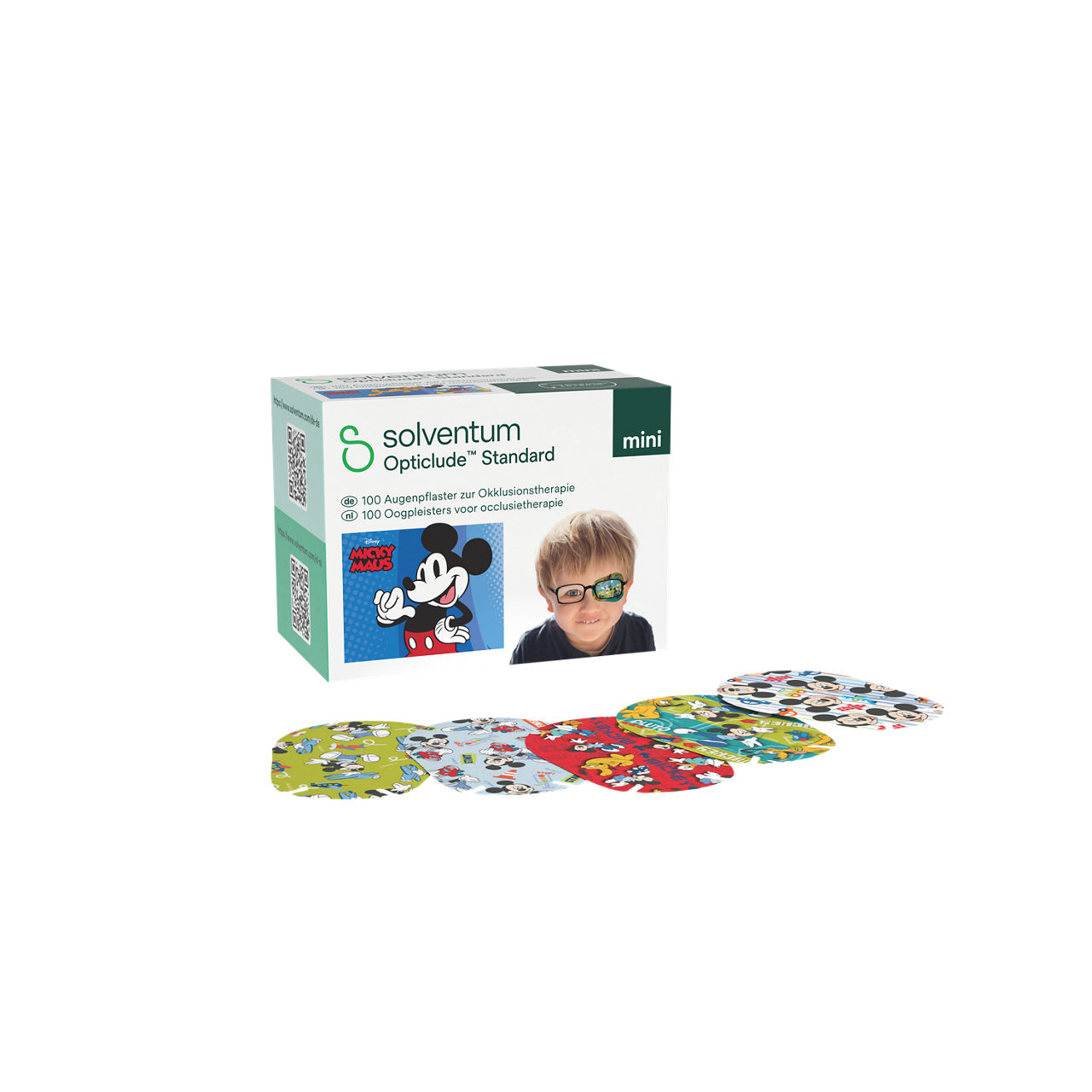 Solventum™ Opticlude™ Standard Eye Patches for Occlusion Therapy, 2537M D PB-100, Mini, 5 cm x 6 cm, 100/CAR - Front, Left, In and Out of Packaging (1L10)