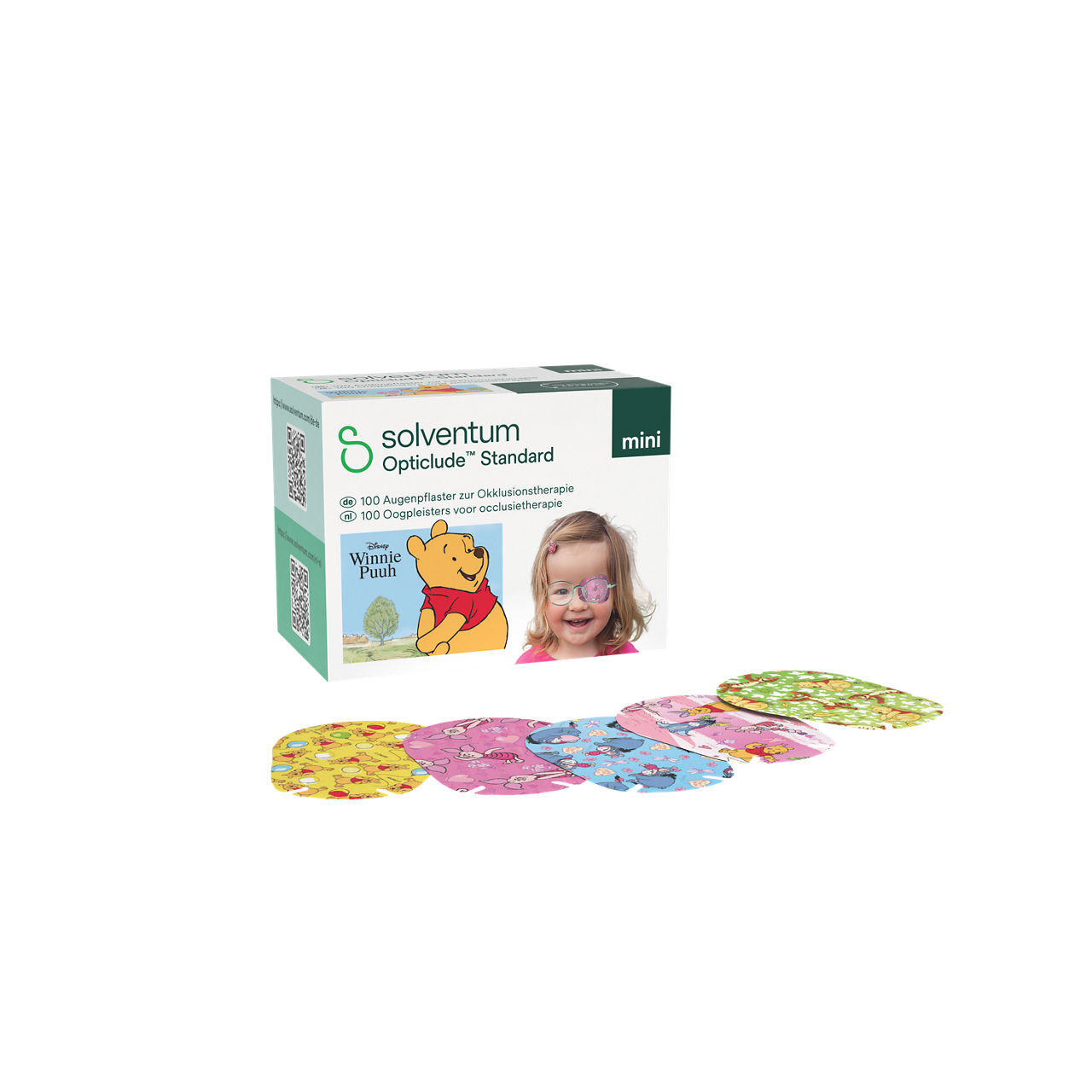 Solventum™ Opticlude™ Standard Eye Patches for Occlusion Therapy, 2537M D PG-100, Mini, 5 cm x 6 cm, 100/CAR - Front, Left, In and Out of Packaging (1L10)
