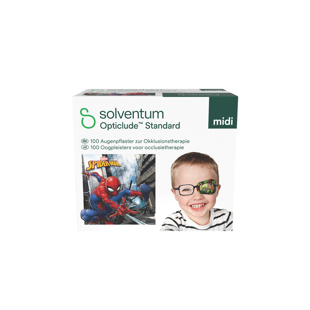 Solventum™ Opticlude™ Standard Eye Patches for Occlusion Therapy, 2538M D PB-100, Midi, 5,3 cm x 7 cm, 100/CAR - Front, Center, In Packaging (1C1)