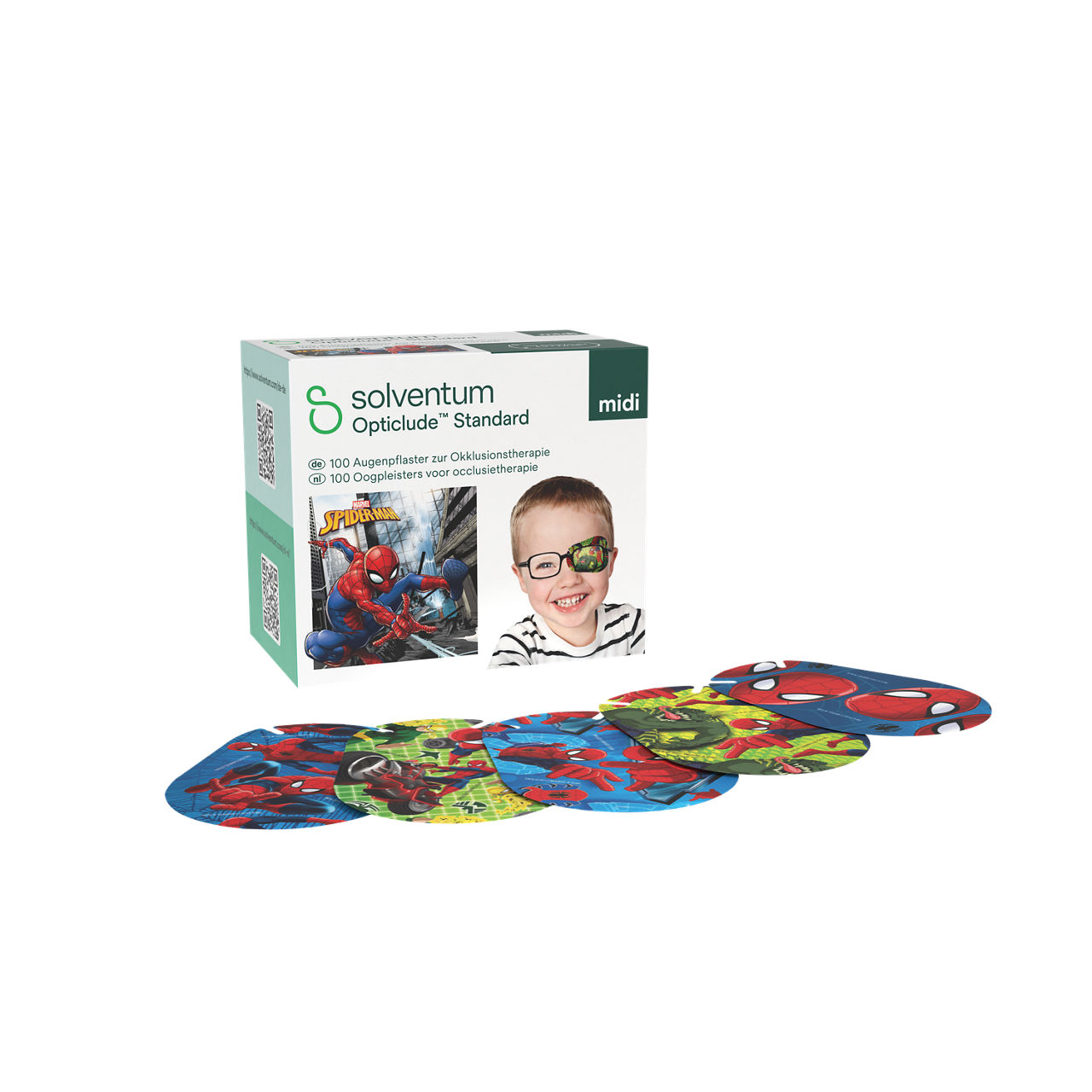 Solventum™ Opticlude™ Standard Eye Patches for Occlusion Therapy, 2538M D PB-100, Midi, 5,3 cm x 7 cm, 100/CAR - Front, Left, In and Out of Packaging (1L10)